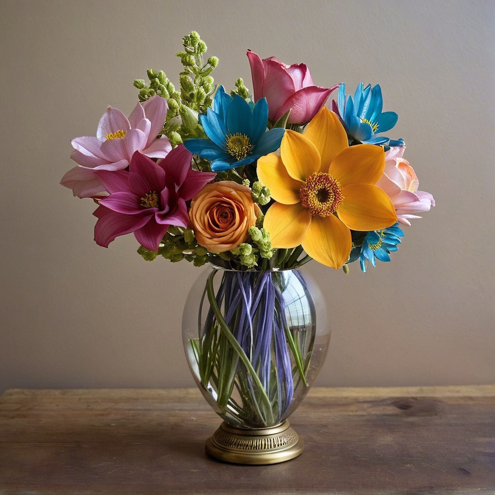 Vibrant Flower Bouquet in Clear Glass Vase on Wood