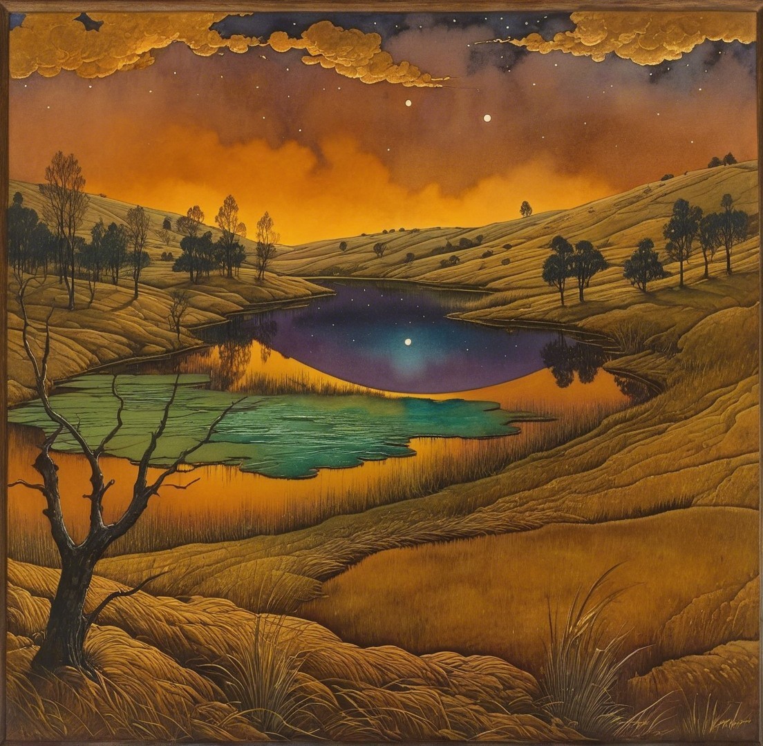 Tranquil Lake Landscape at Sunset with Silhouetted Trees
