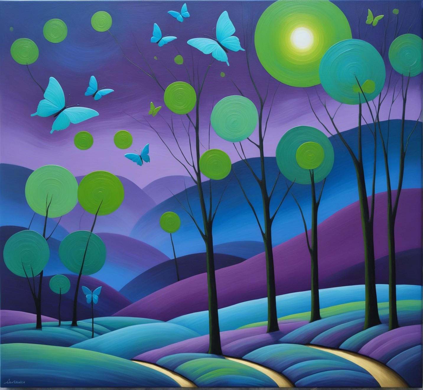 Surreal Landscape with Colorful Foliage and Butterflies