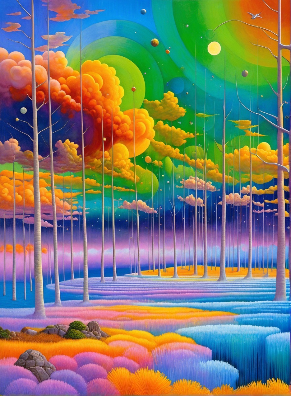 Surreal Landscape with Colorful Trees and Water