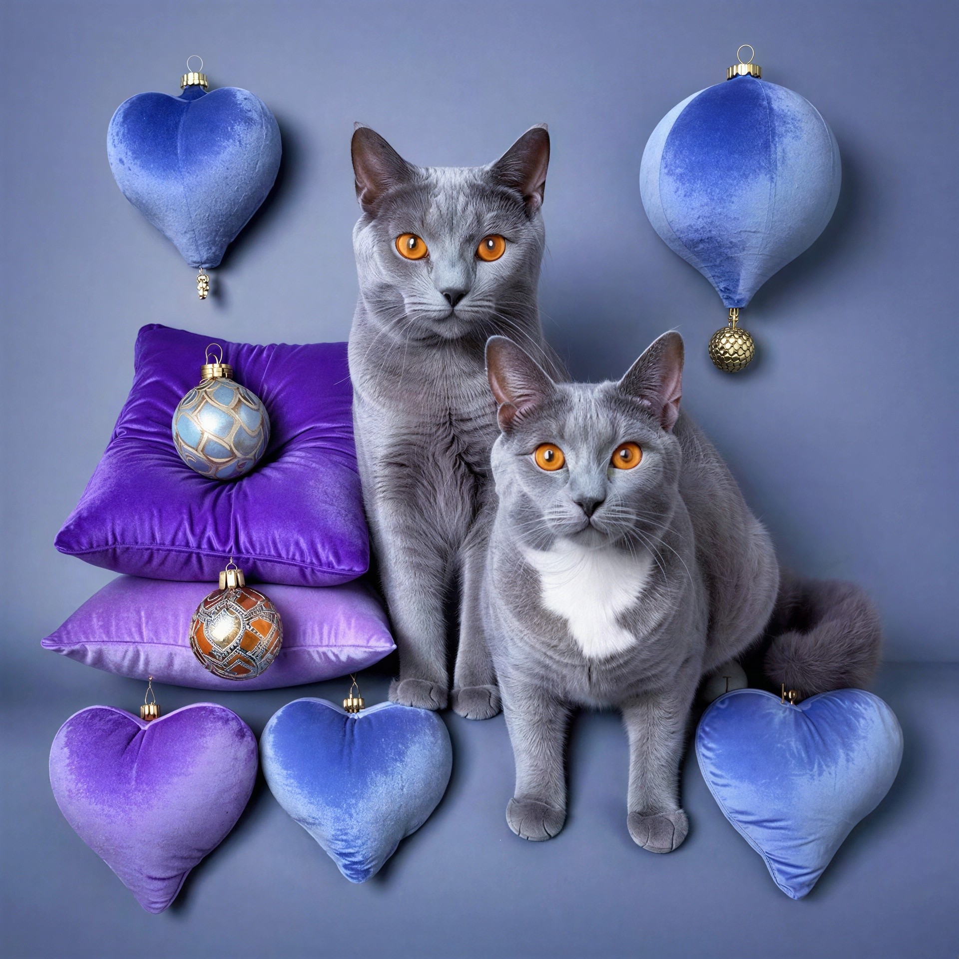 Russian Blue Cats with Orange Eyes and Velvet Decor