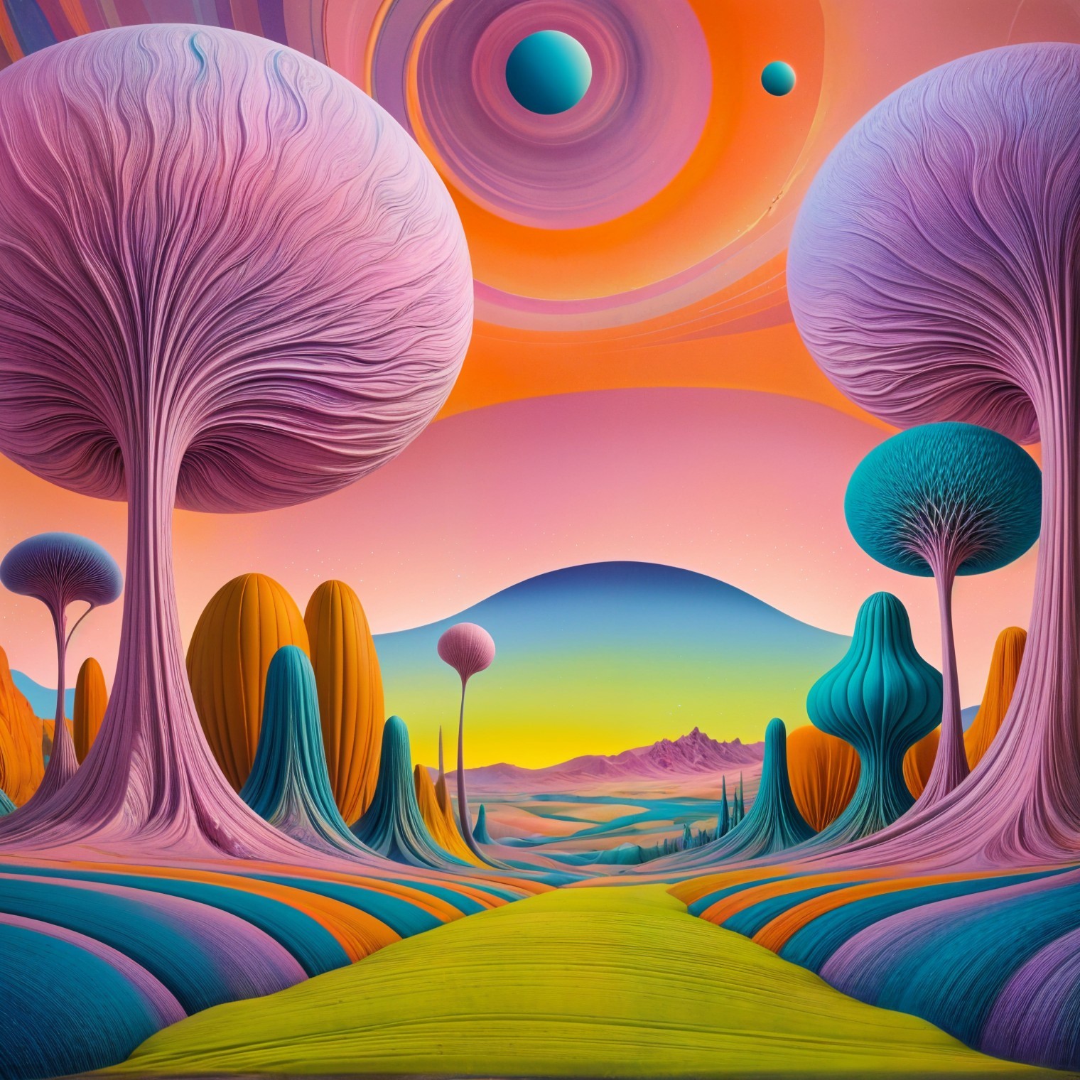 Surreal Landscape with Oversized Colorful Trees