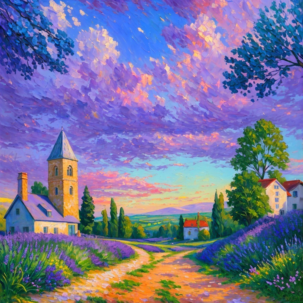 Vibrant Village Landscape with Colorful Sky and Lavender Fields