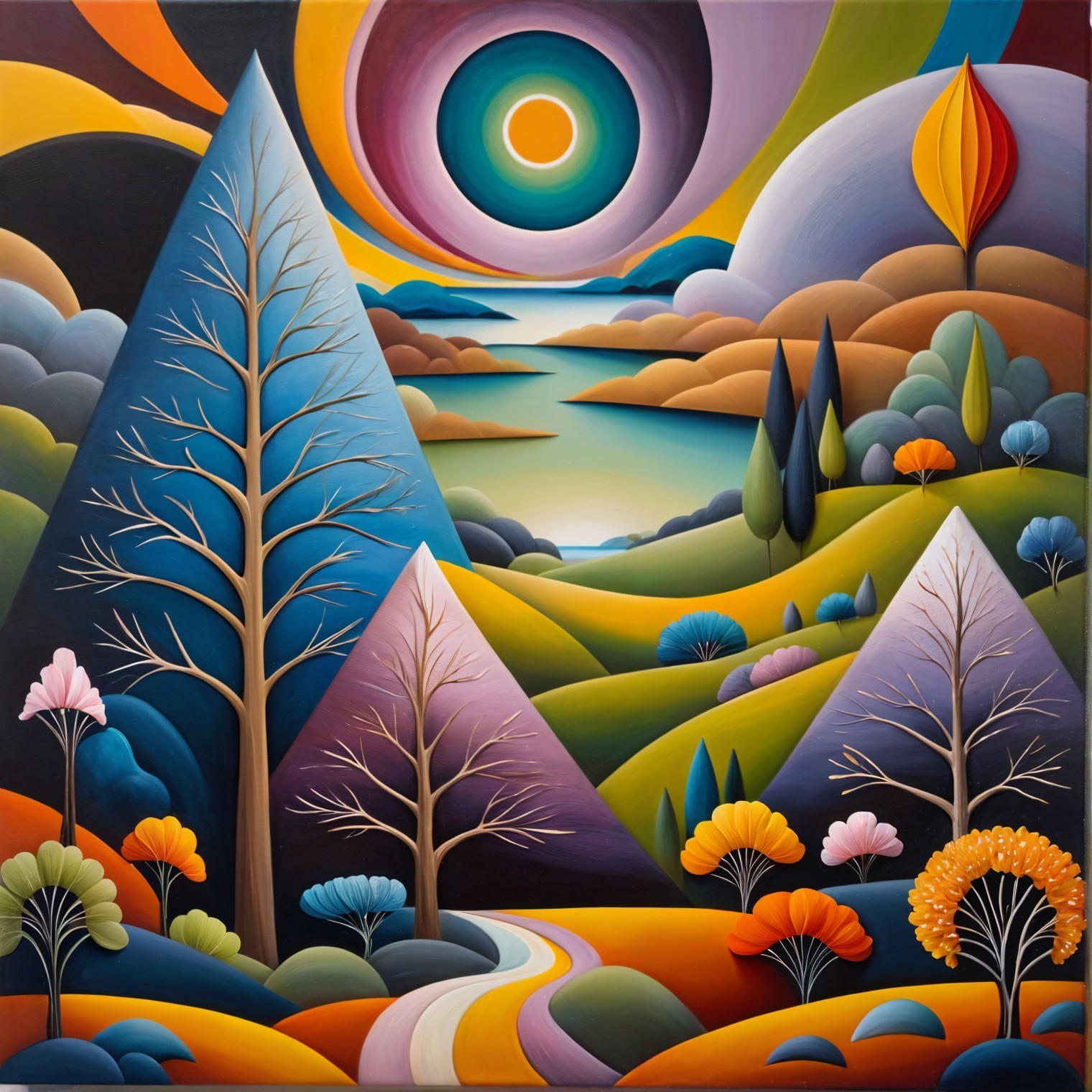 Vibrant Landscape with Hills, Trees, and Mountains