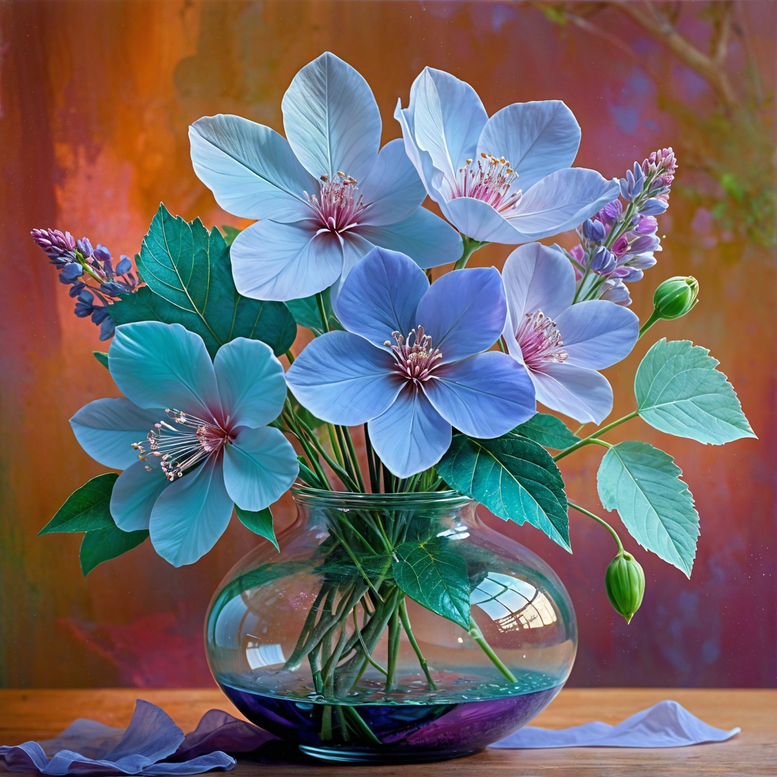 Soft Blue Flowers in Clear Glass Vase Arrangement