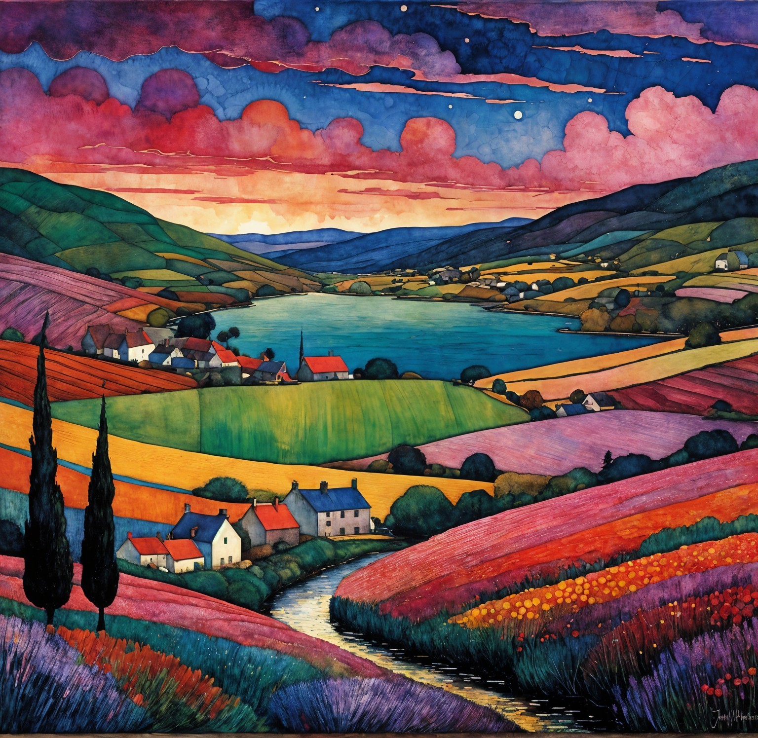 Vivid Landscape with Rolling Hills and Tranquil Lake