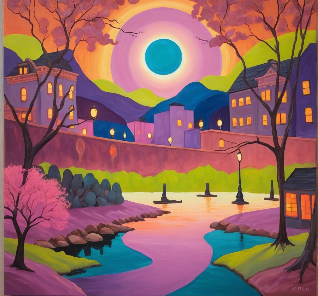 Whimsical Landscape with Serene River and Colorful Sky