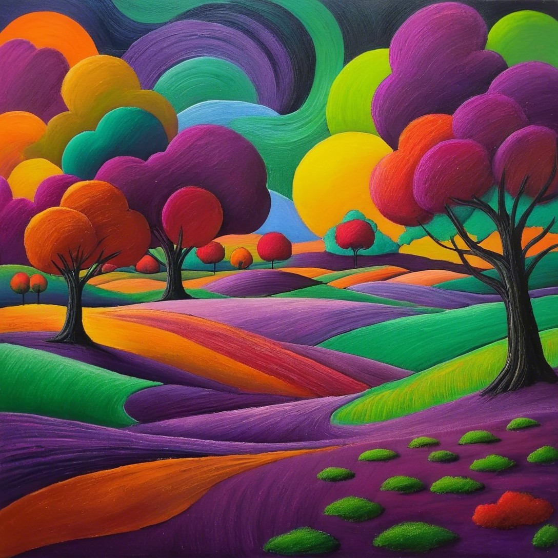 Vibrant Landscape with Colorful Hills and Trees