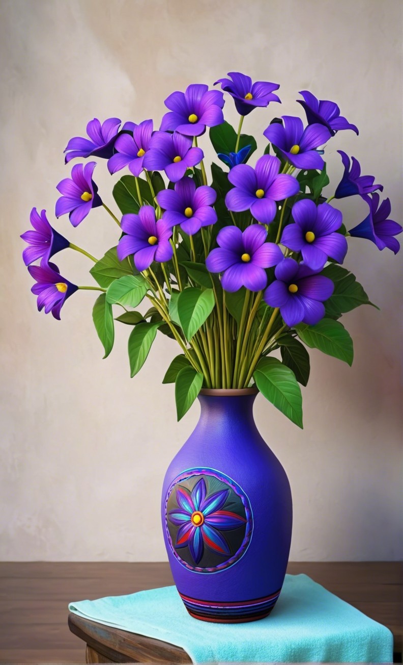 Vibrant Purple Flowers in Decorative Blue Vase