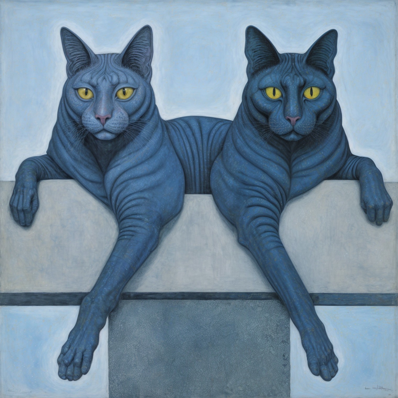 Stylized Blue Cats with Gold Eyes on Minimal Ledge