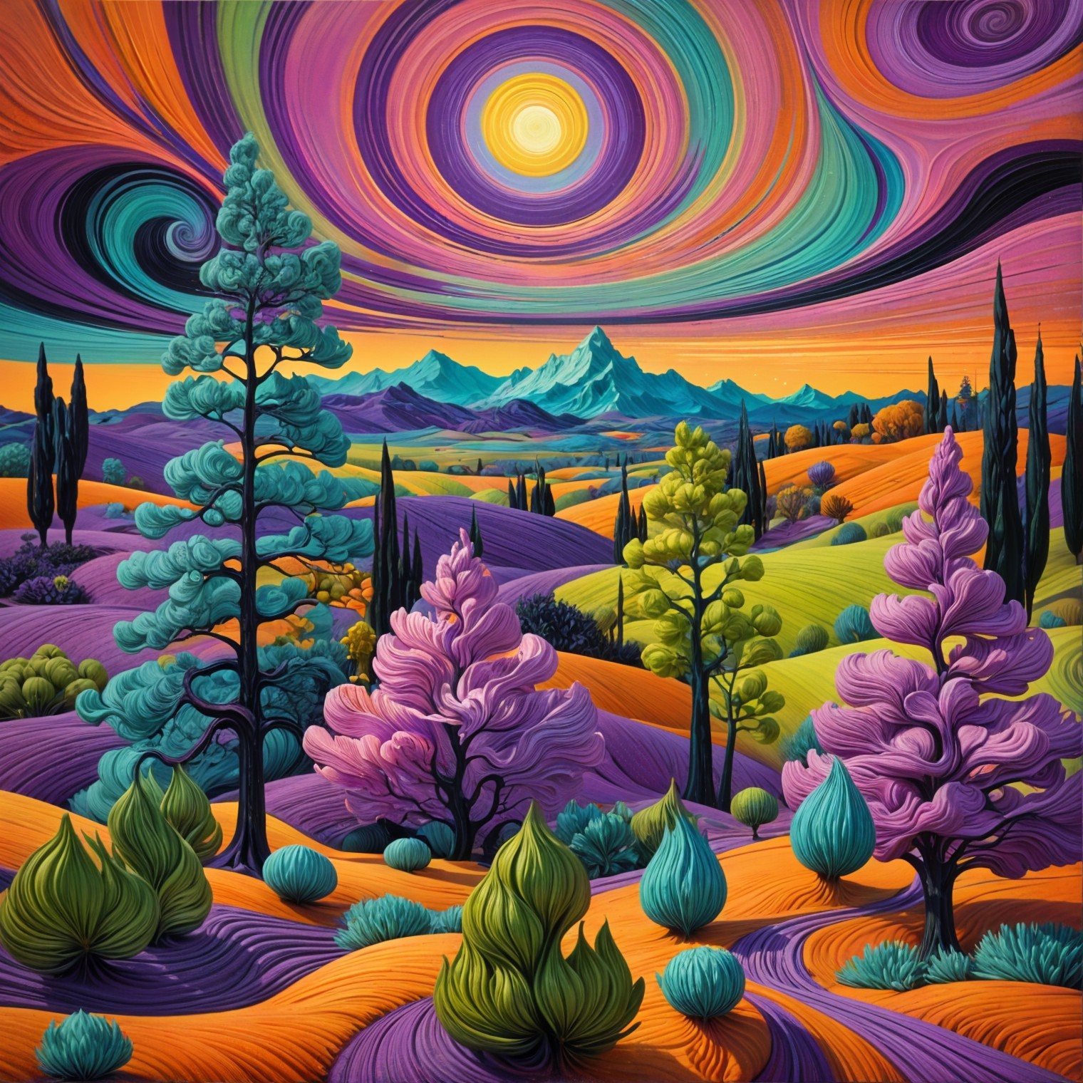 Vibrant Landscape with Surreal Colors and Nature Elements