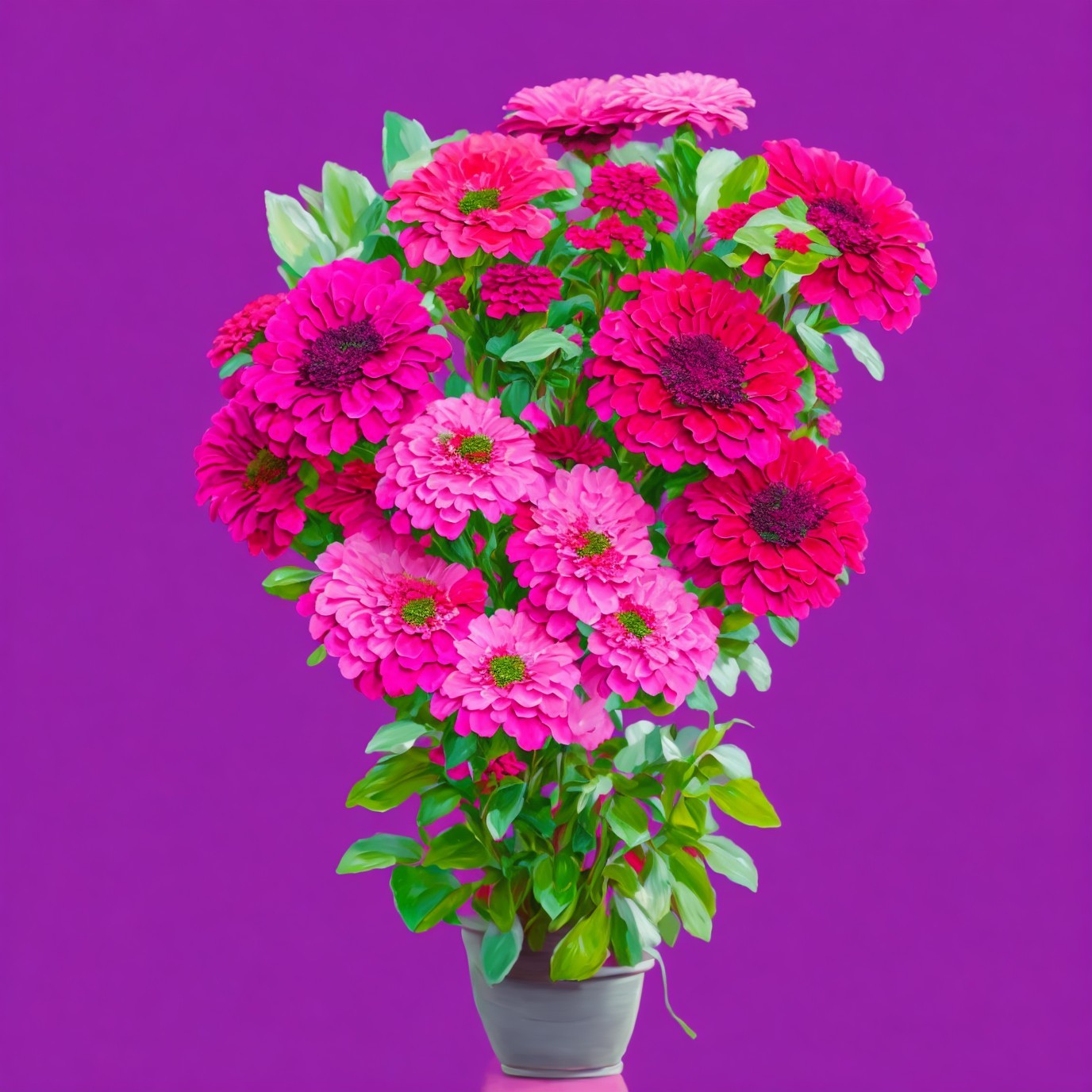 Vibrant Pink and Fuchsia Zinnias in a Pot
