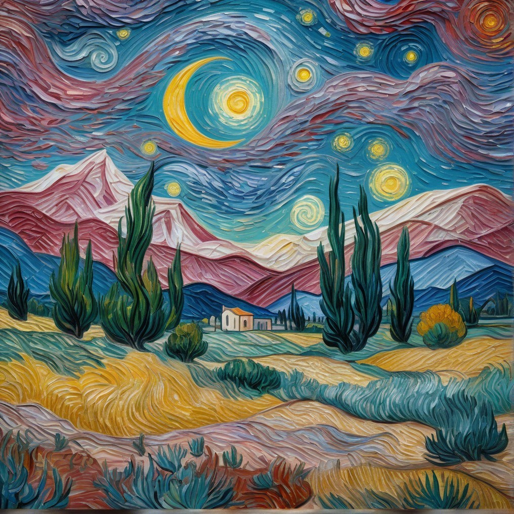 Vibrant landscape with swirling skies and cypress trees