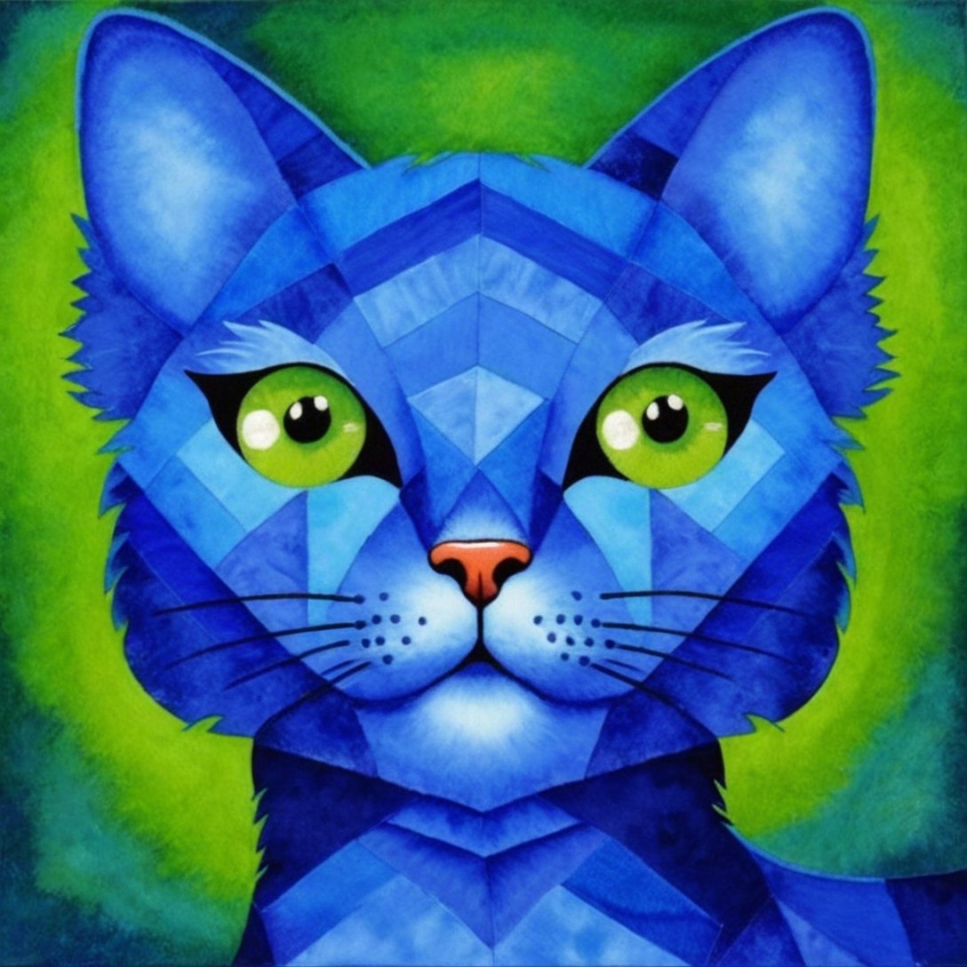 Stylized blue cat with geometric shapes and green eyes