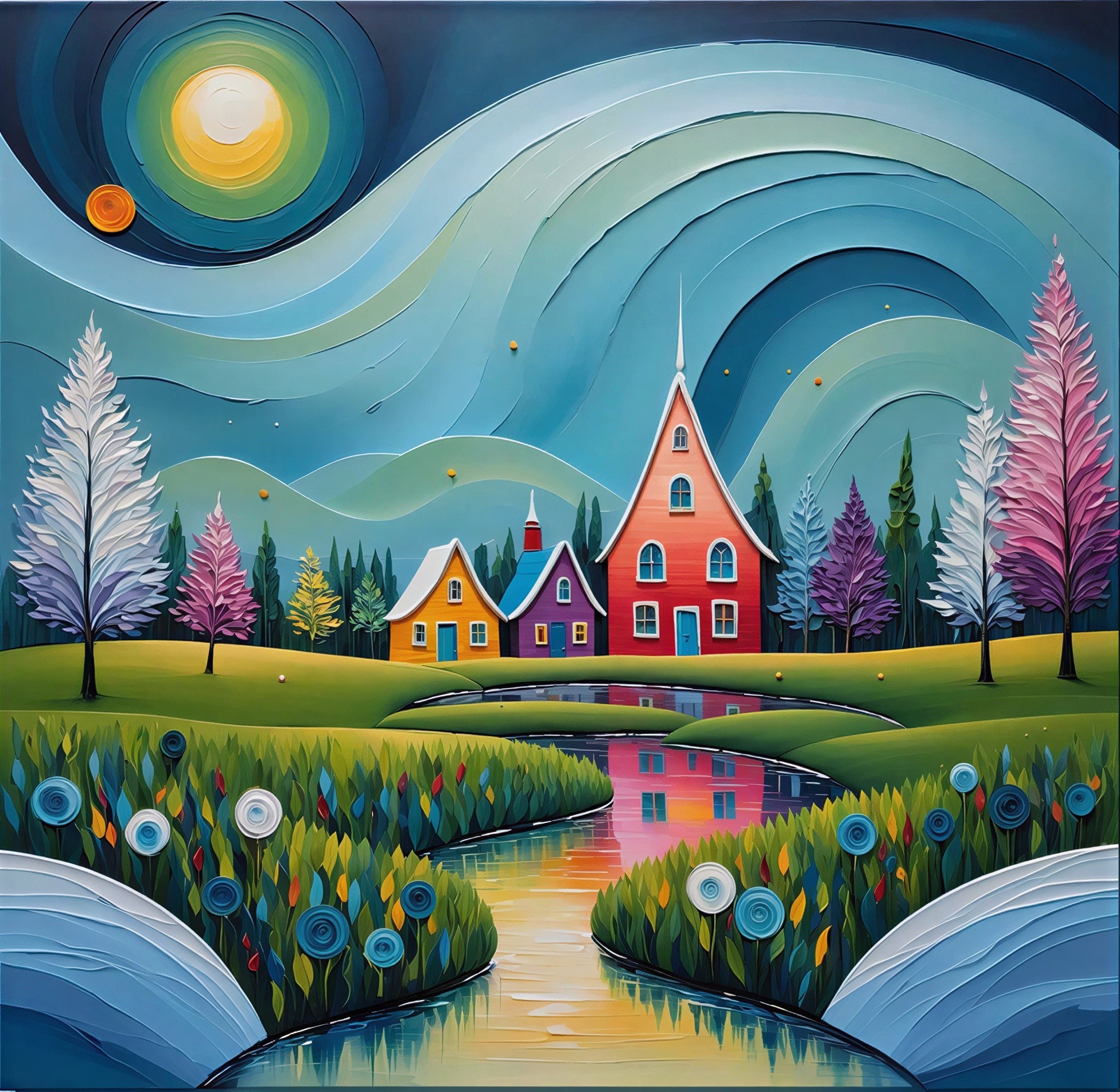 Whimsical Impressionistic Village Under Swirling Sky