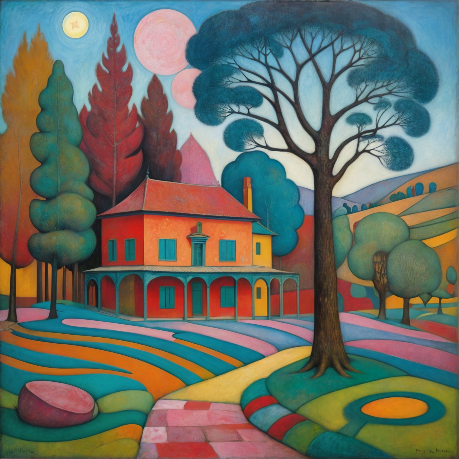 Vibrant Landscape with Colorful House and Two Moons