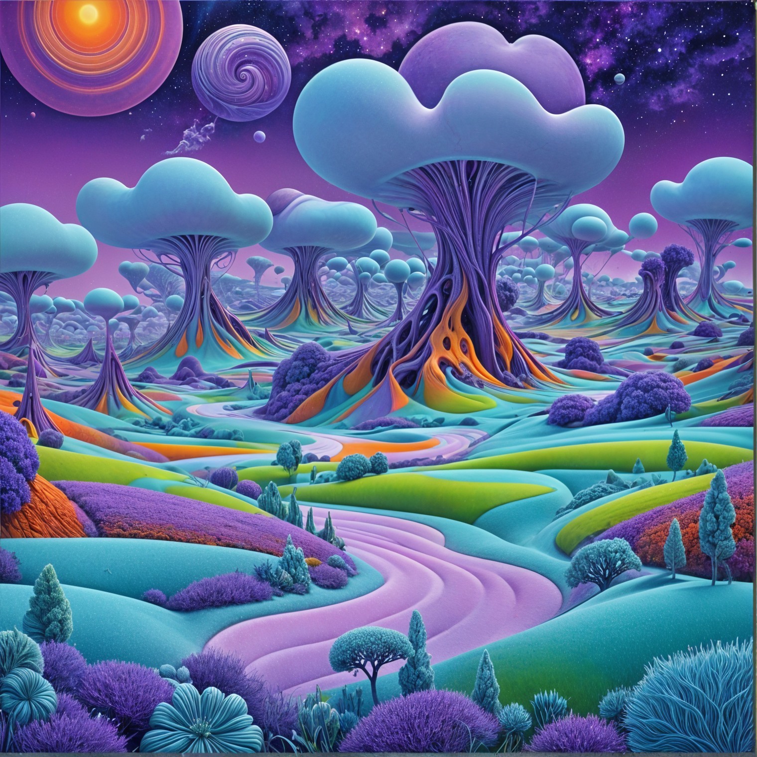 Surreal Landscape with Whimsical Trees and Galaxies