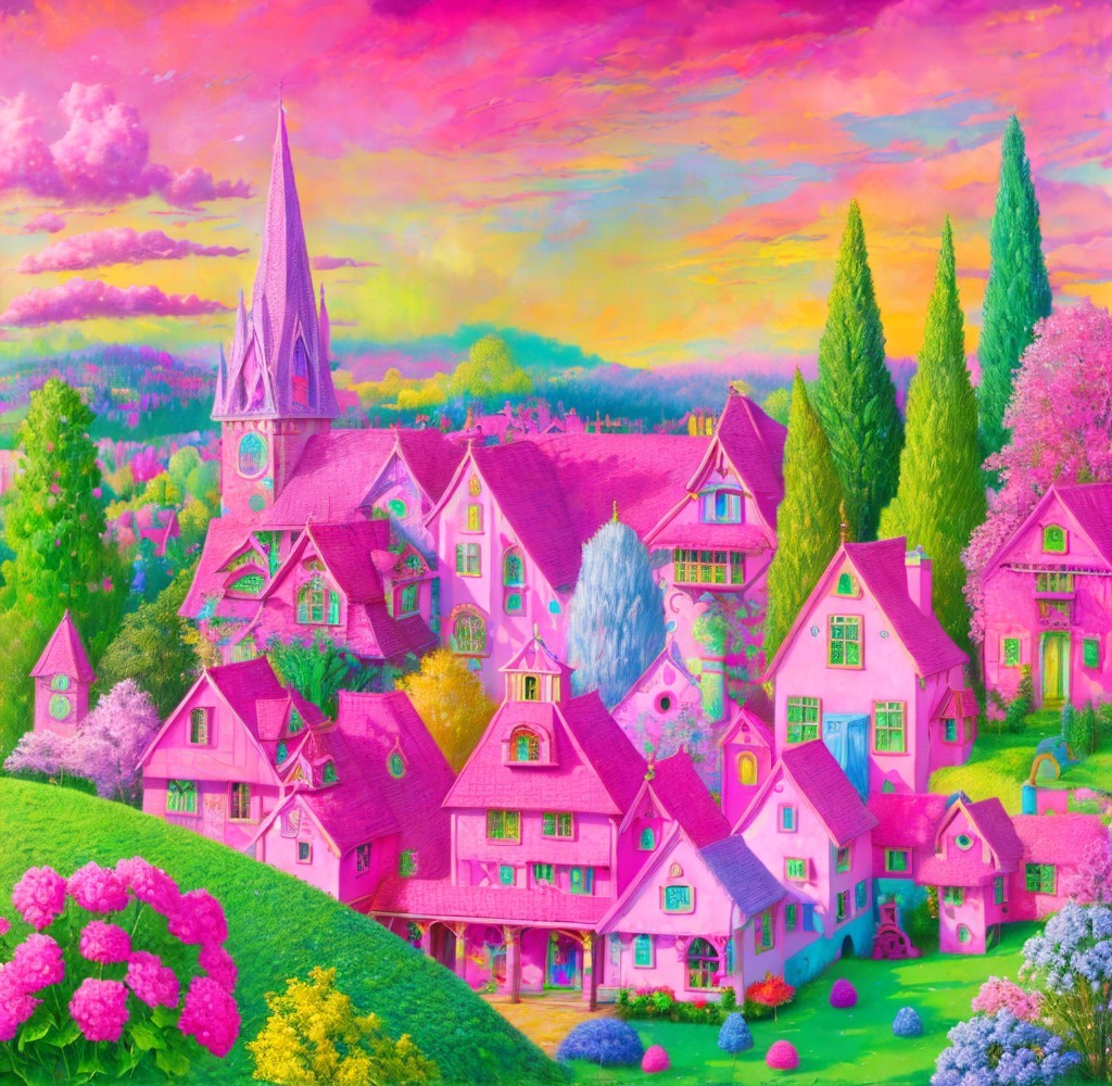 Whimsical Village with Pink Buildings and Pastel Sky
