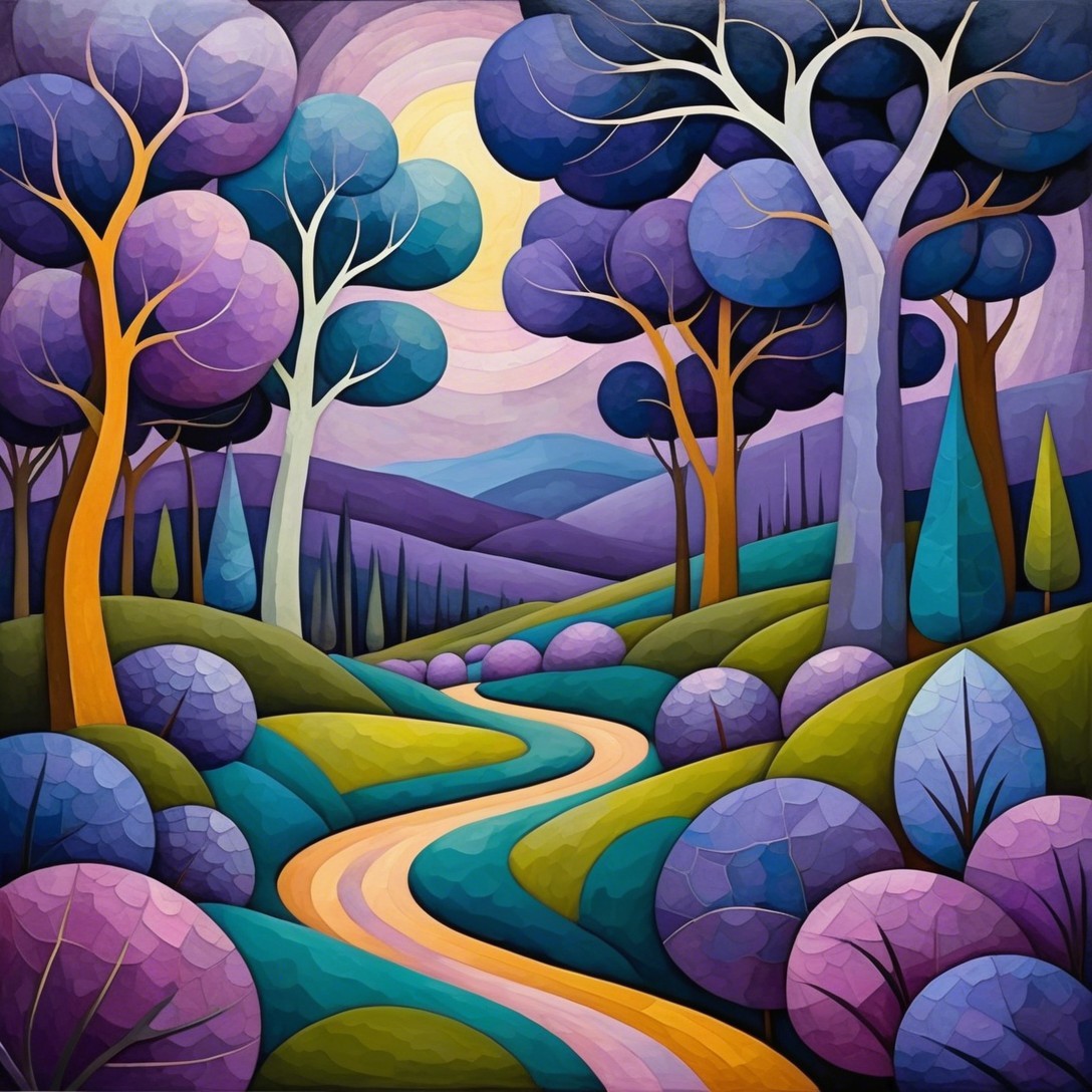 Vibrant Abstract Landscape with Stylized Trees and Hills