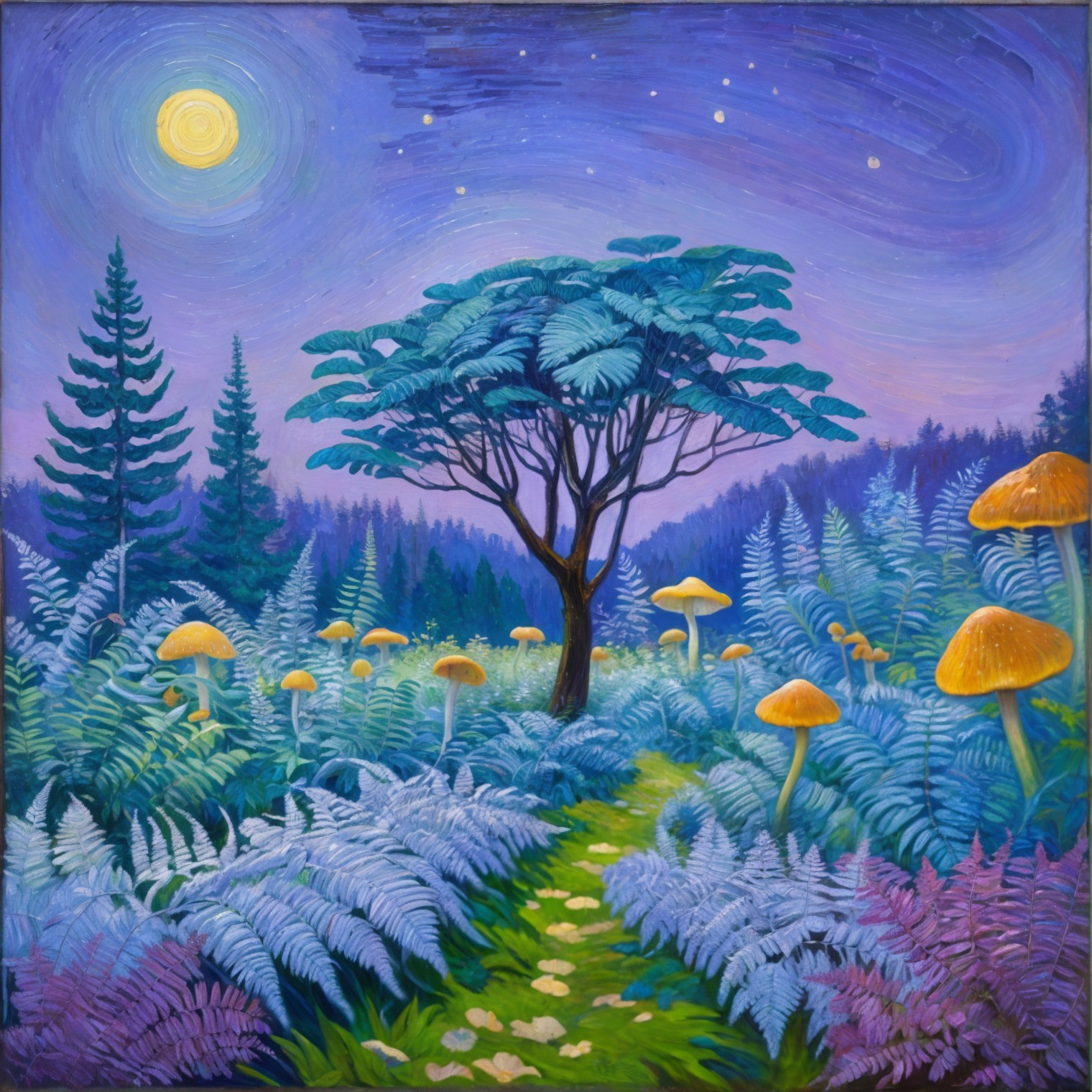 Whimsical Landscape with Tree and Vibrant Foliage