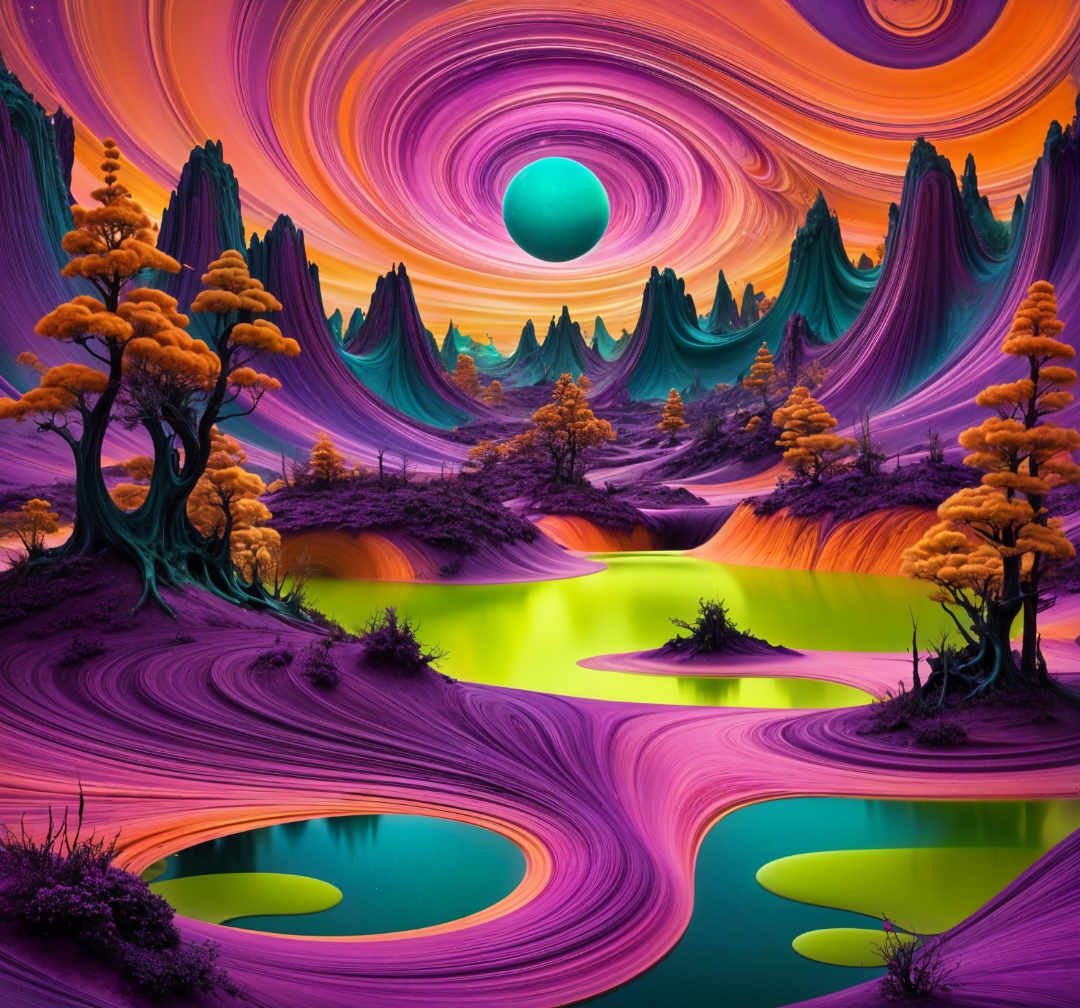 Surreal Landscape with Vibrant Colors and Dramatic Elements