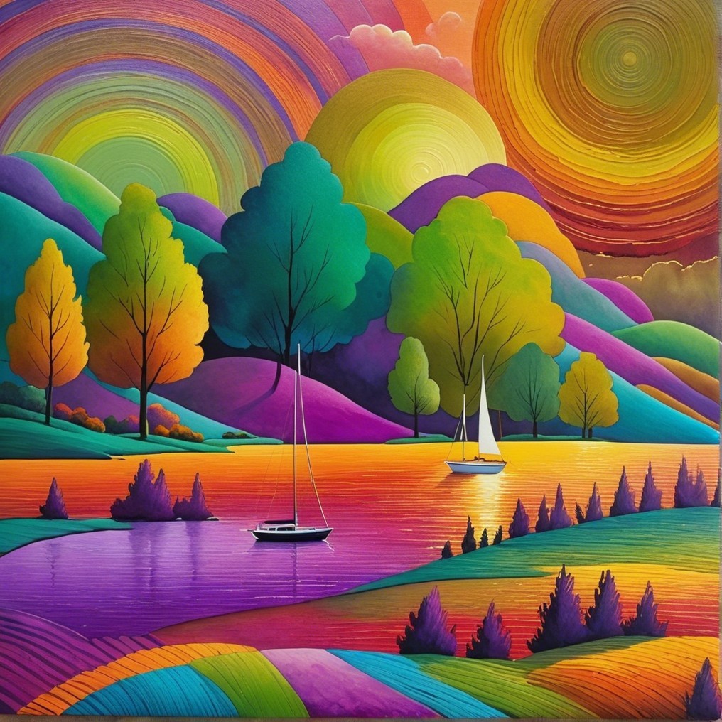 Vibrant Landscape with Swirling Skies and Sailboats