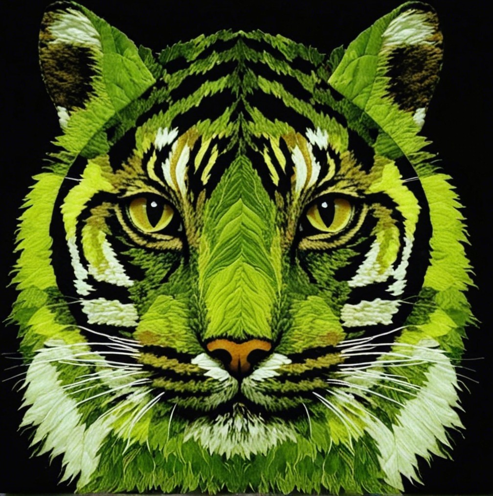 Vibrant Green Tiger Face with Nature-Inspired Backdrop