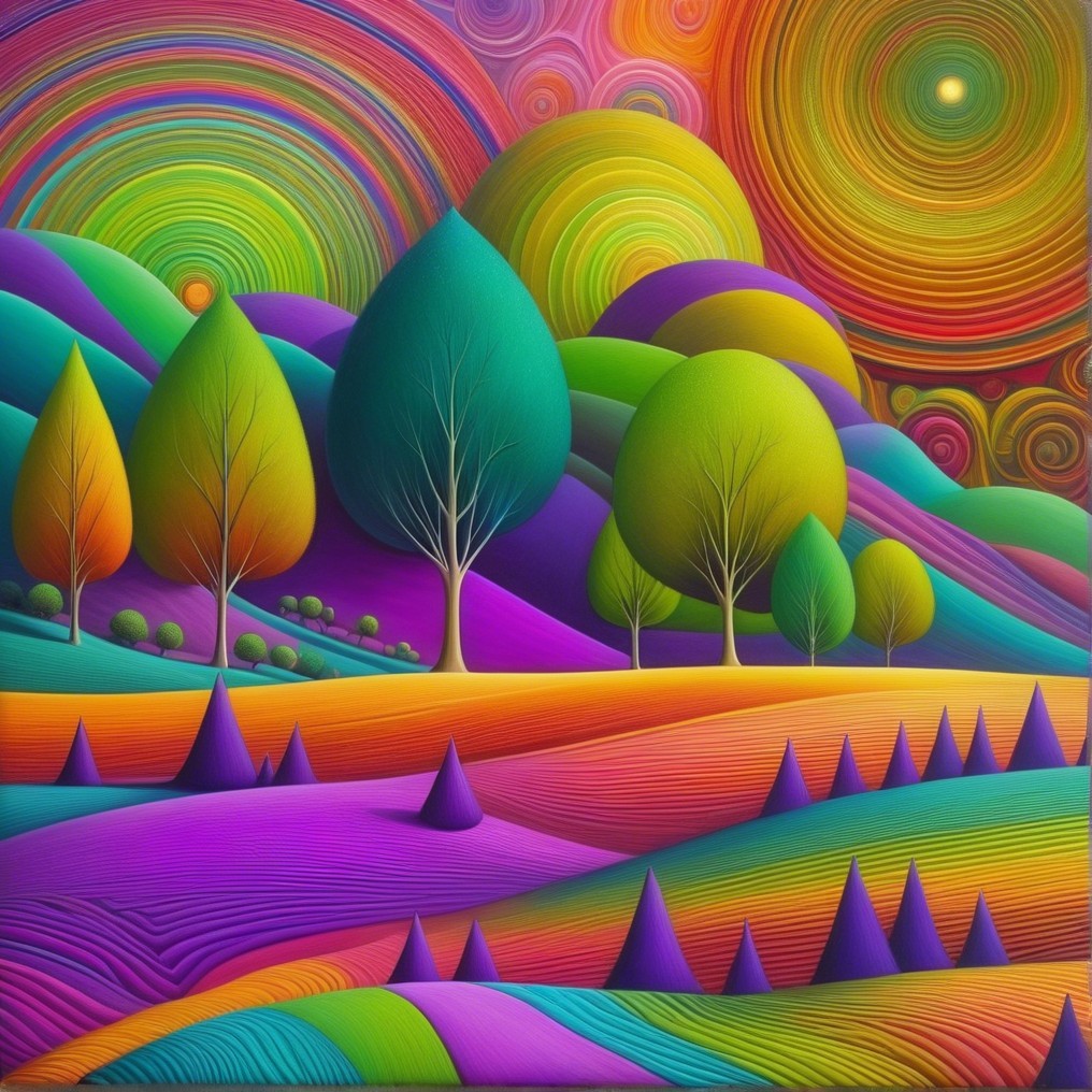 Vibrant Landscape with Bold Colors and Surreal Patterns