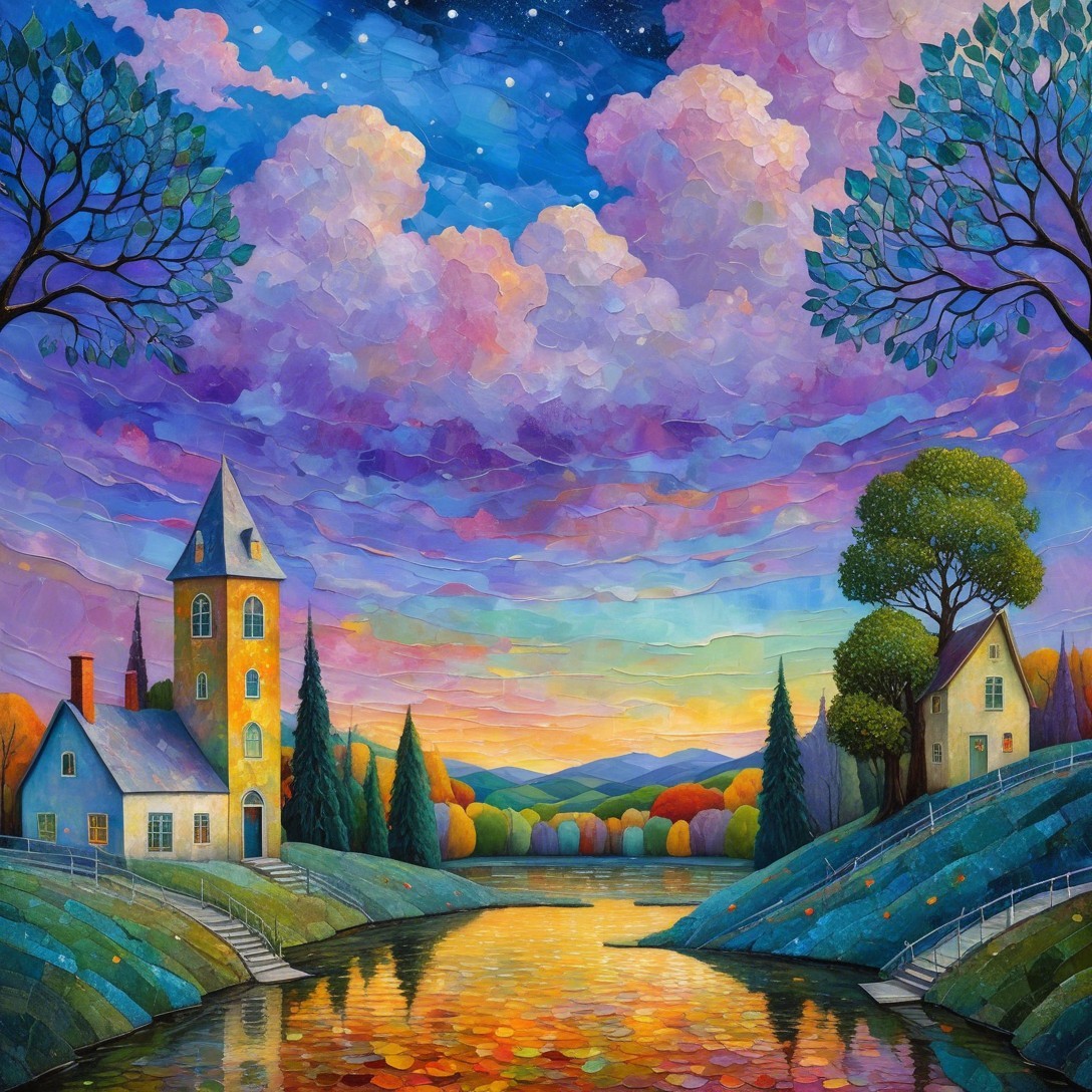 Vibrant landscape with river, houses, and colorful sky