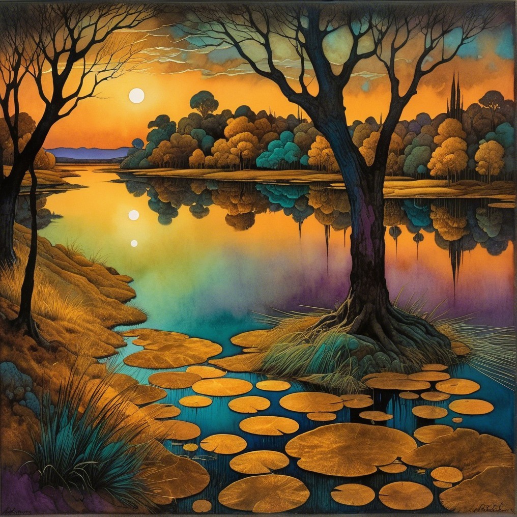 Tranquil Lake at Dusk with Colorful Sunset Reflection