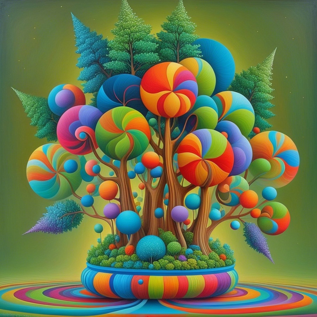 Surreal Landscape with Colorful Trees and Patterns