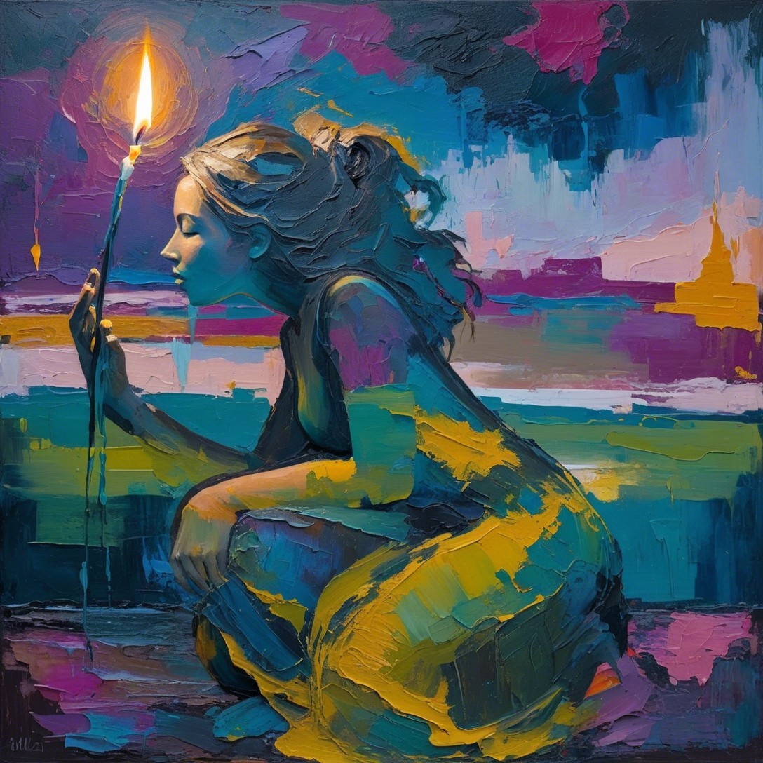 Crouched Woman with Candle in Abstract Colors
