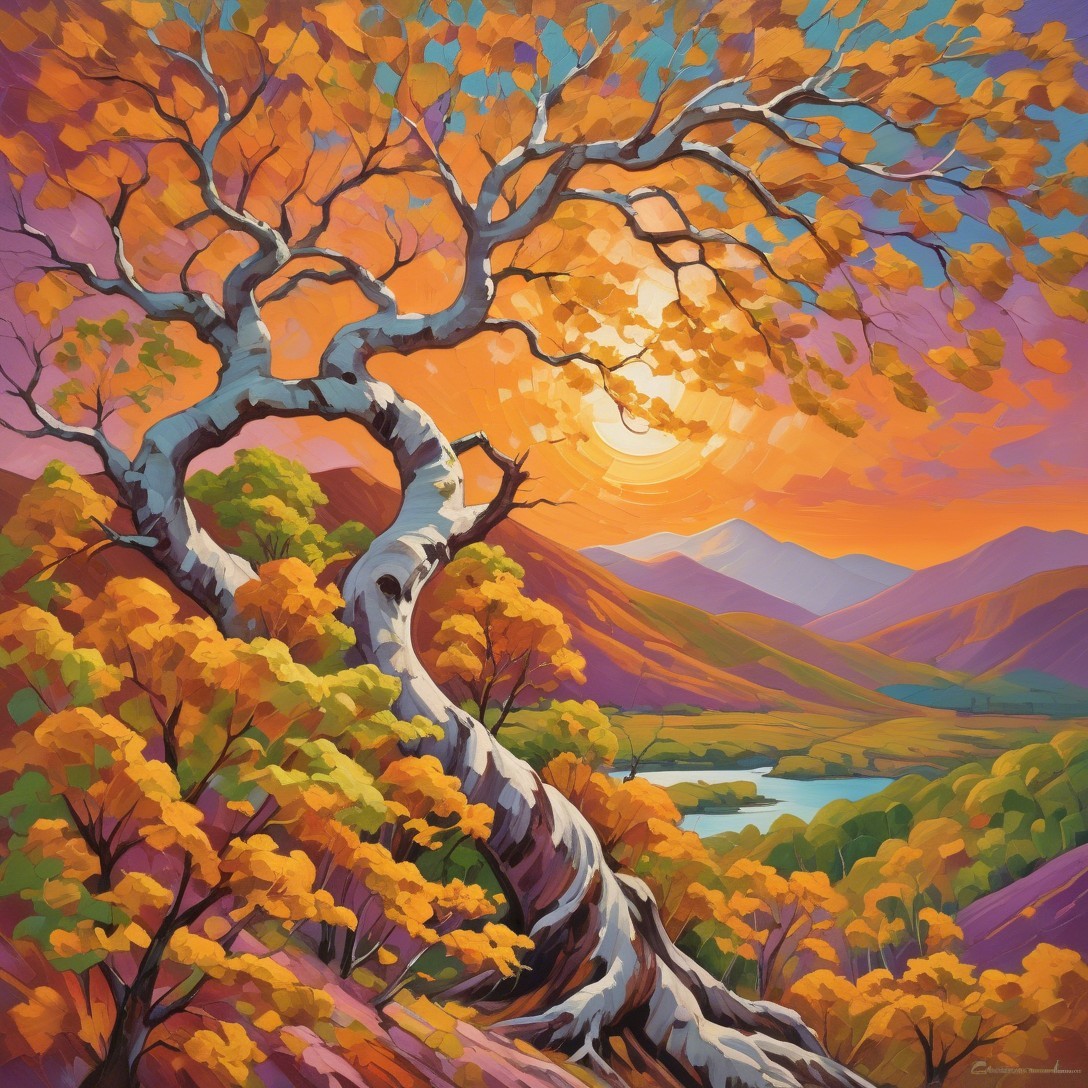Vibrant Autumn Landscape with Twisting Tree and River