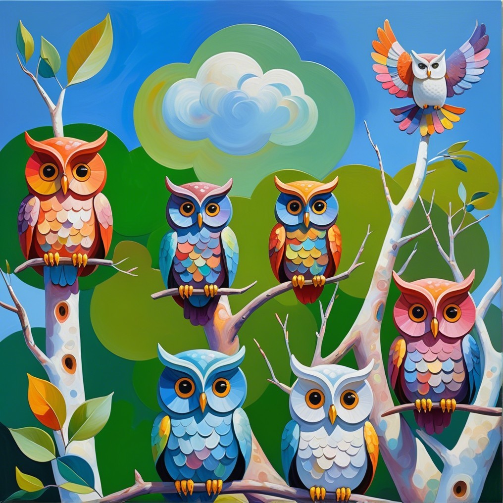 Colorful Owls Perched on Branches Under Blue Sky