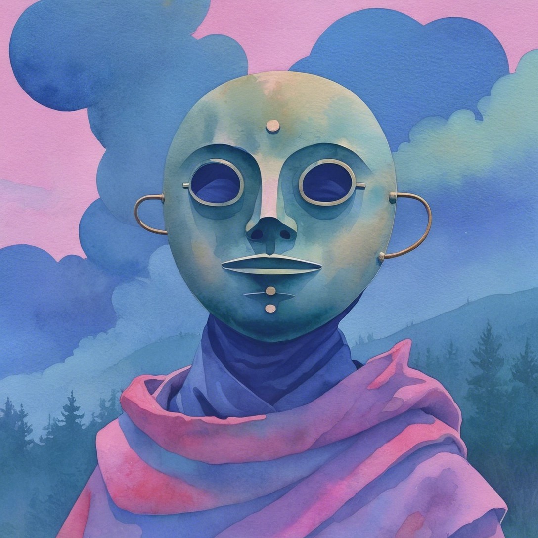 Serene figure in purple robe against dreamy clouds