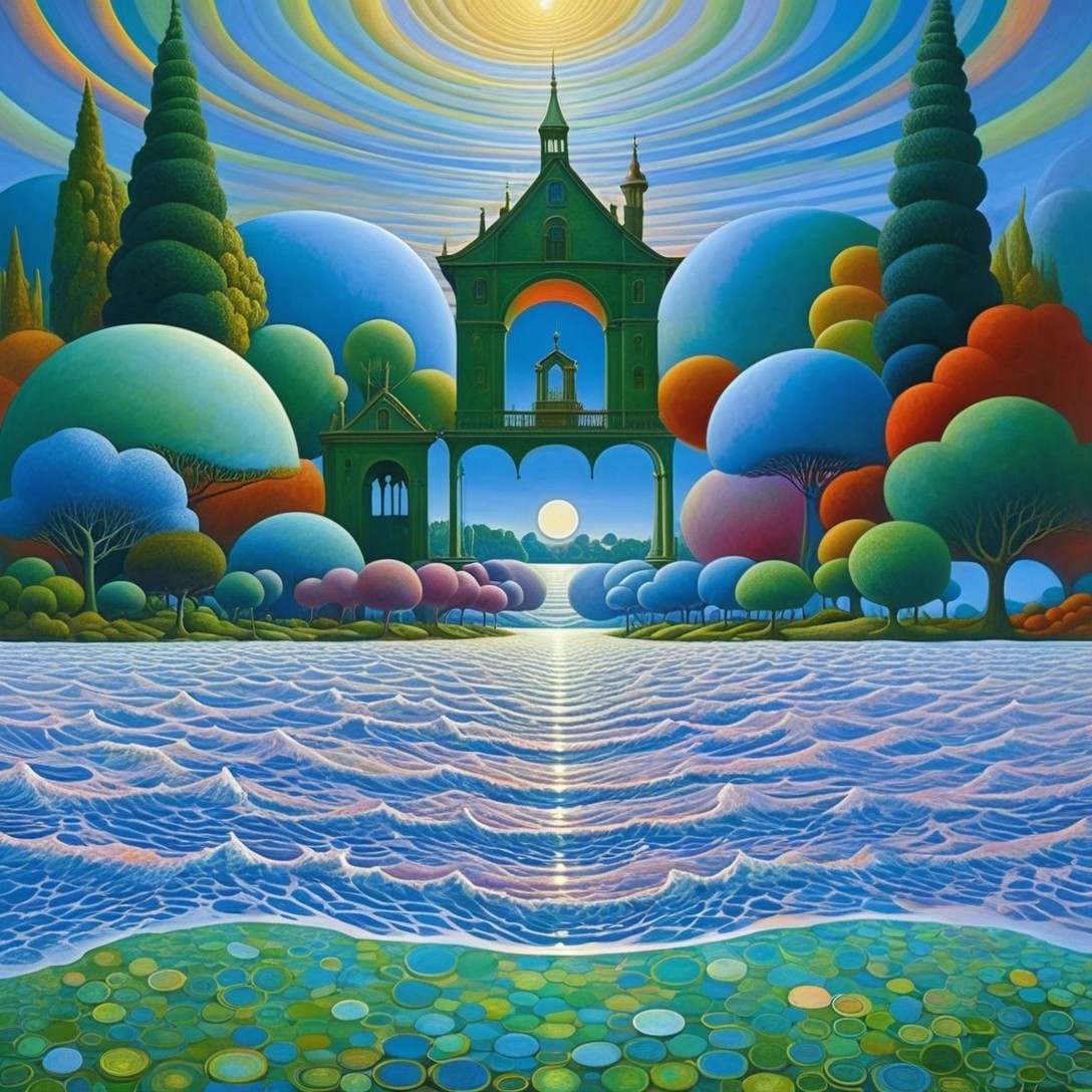 Surreal Landscape with Whimsical Green Mansion