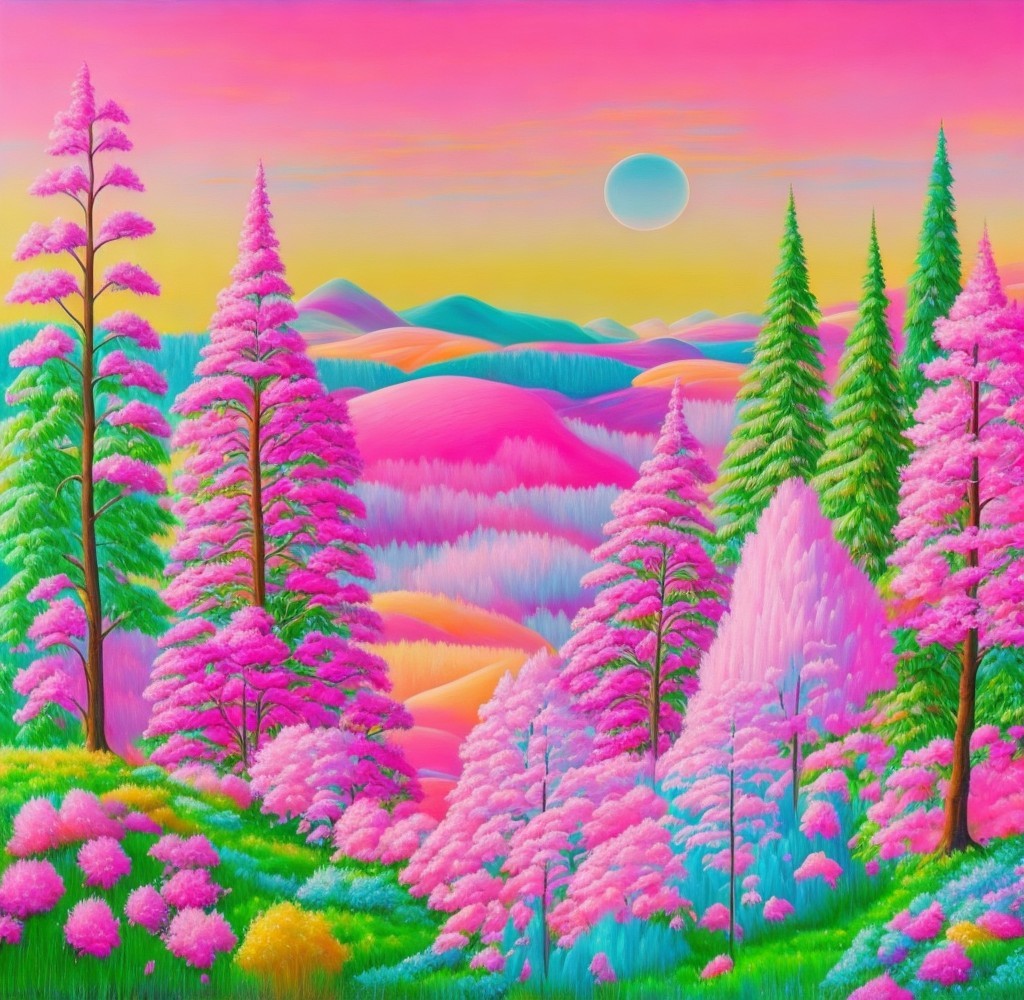 Vibrant Landscape with Pink Trees and Rolling Hills