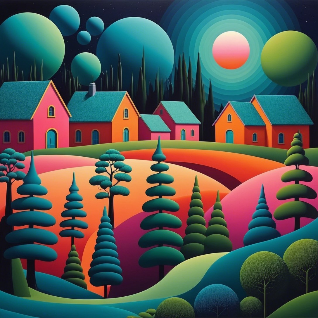 Surreal Landscape with Colorful Houses and Abstract Planets