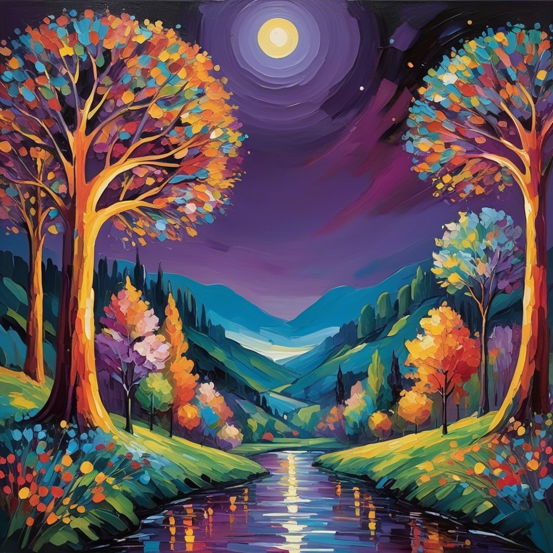 Vibrant Impressionistic Nighttime Landscape Painting