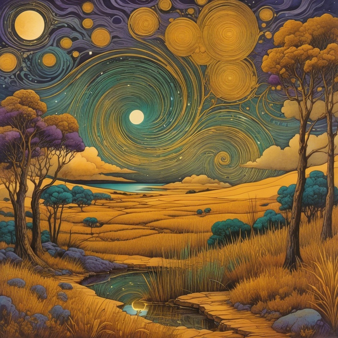 Whimsical Landscape with Celestial Night Sky