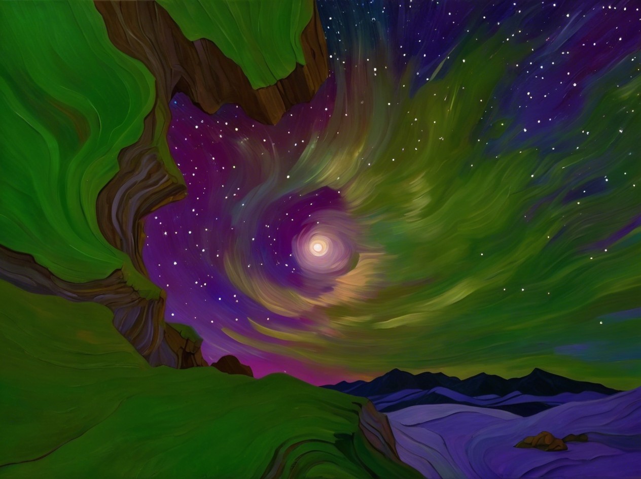 Vibrant Night Sky with Celestial Orb and Cliffs