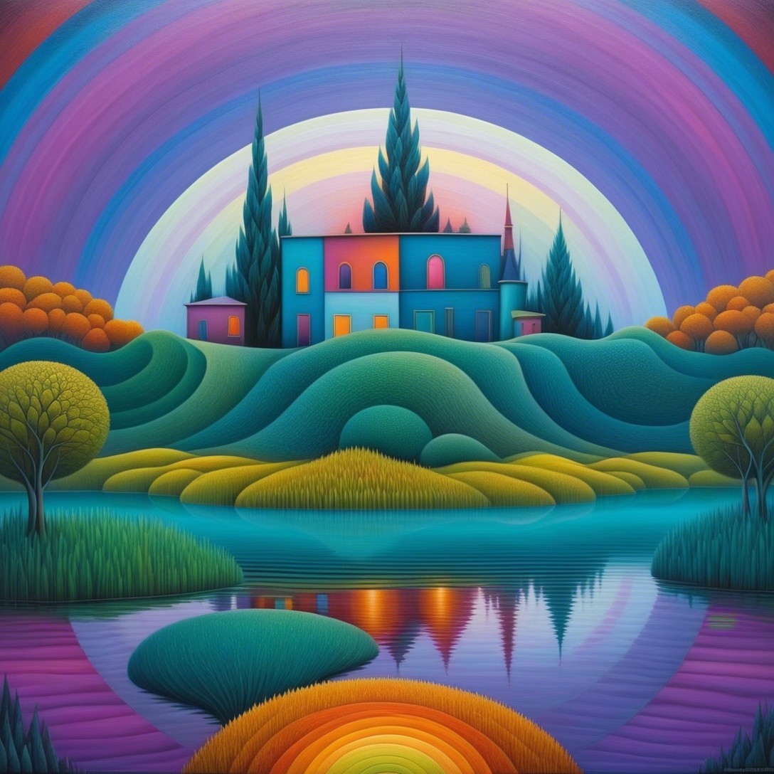 Vibrant Landscape with Colorful House and Sunset