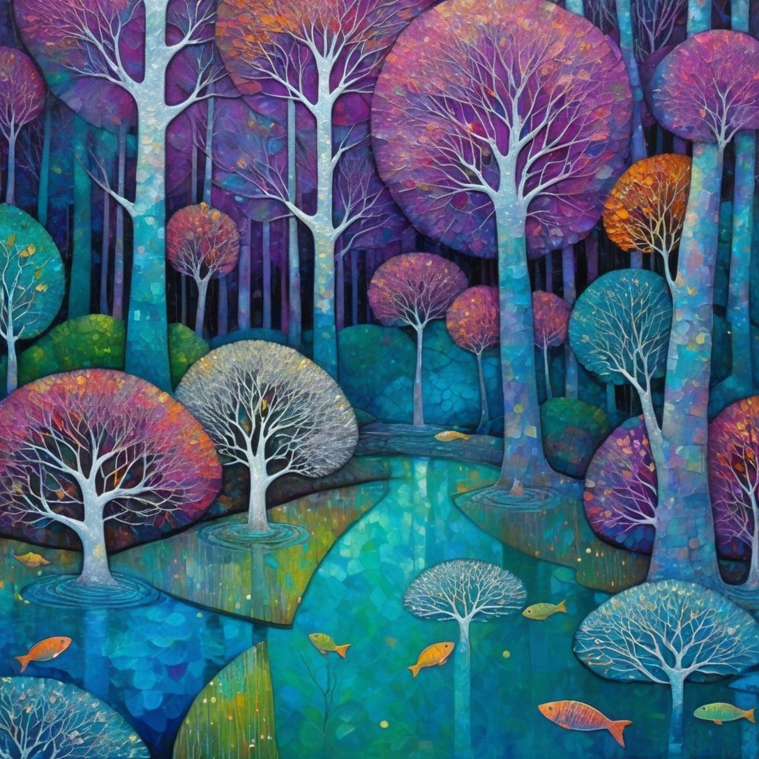 Vibrant Dreamlike Landscape with Colorful Trees and River