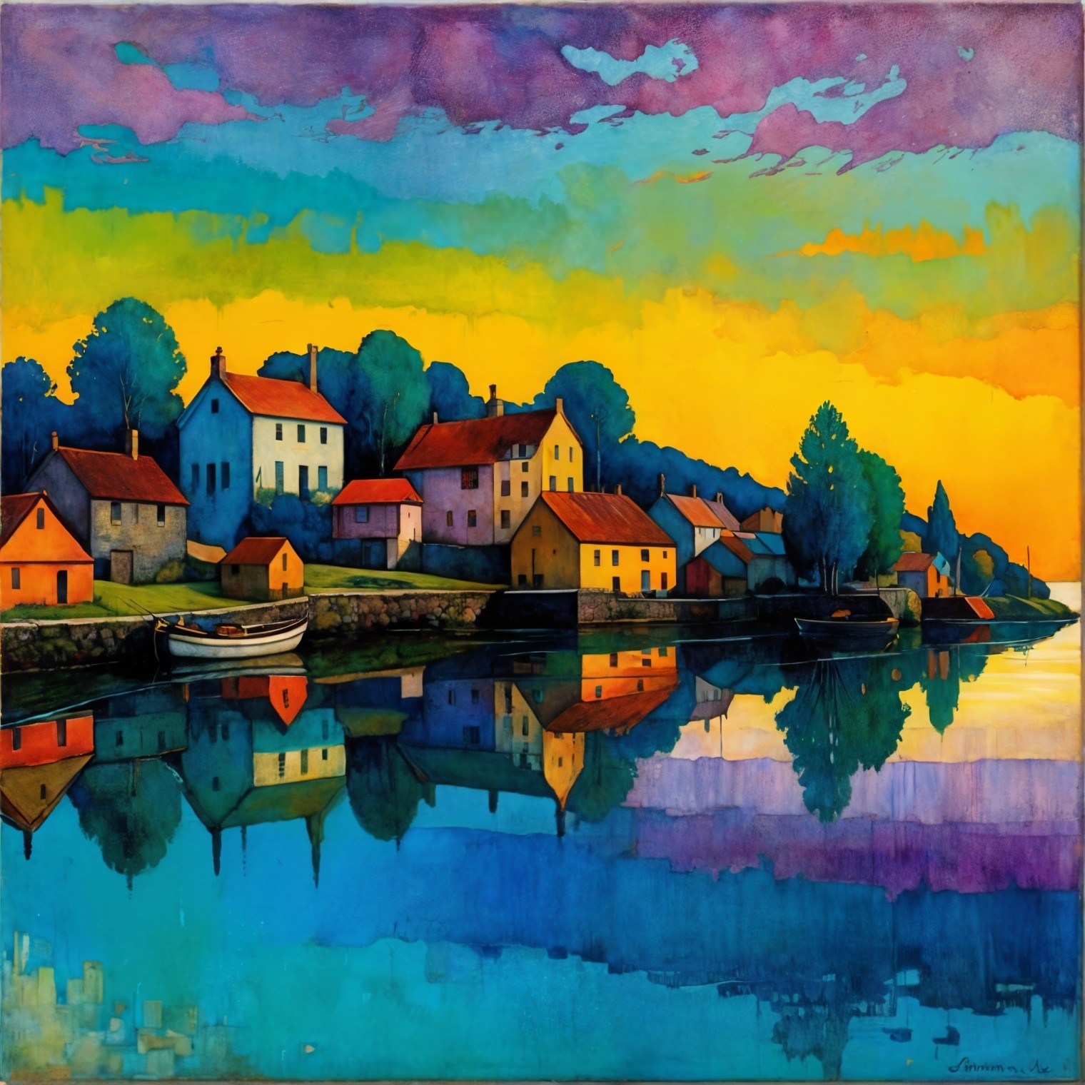 Vibrant Landscape of Waterfront Village at Sunset