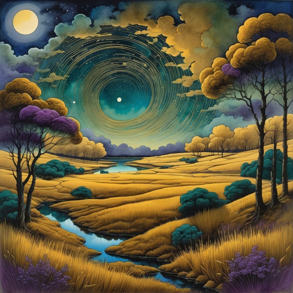 Surreal Landscape with Golden Fields and Starry Sky