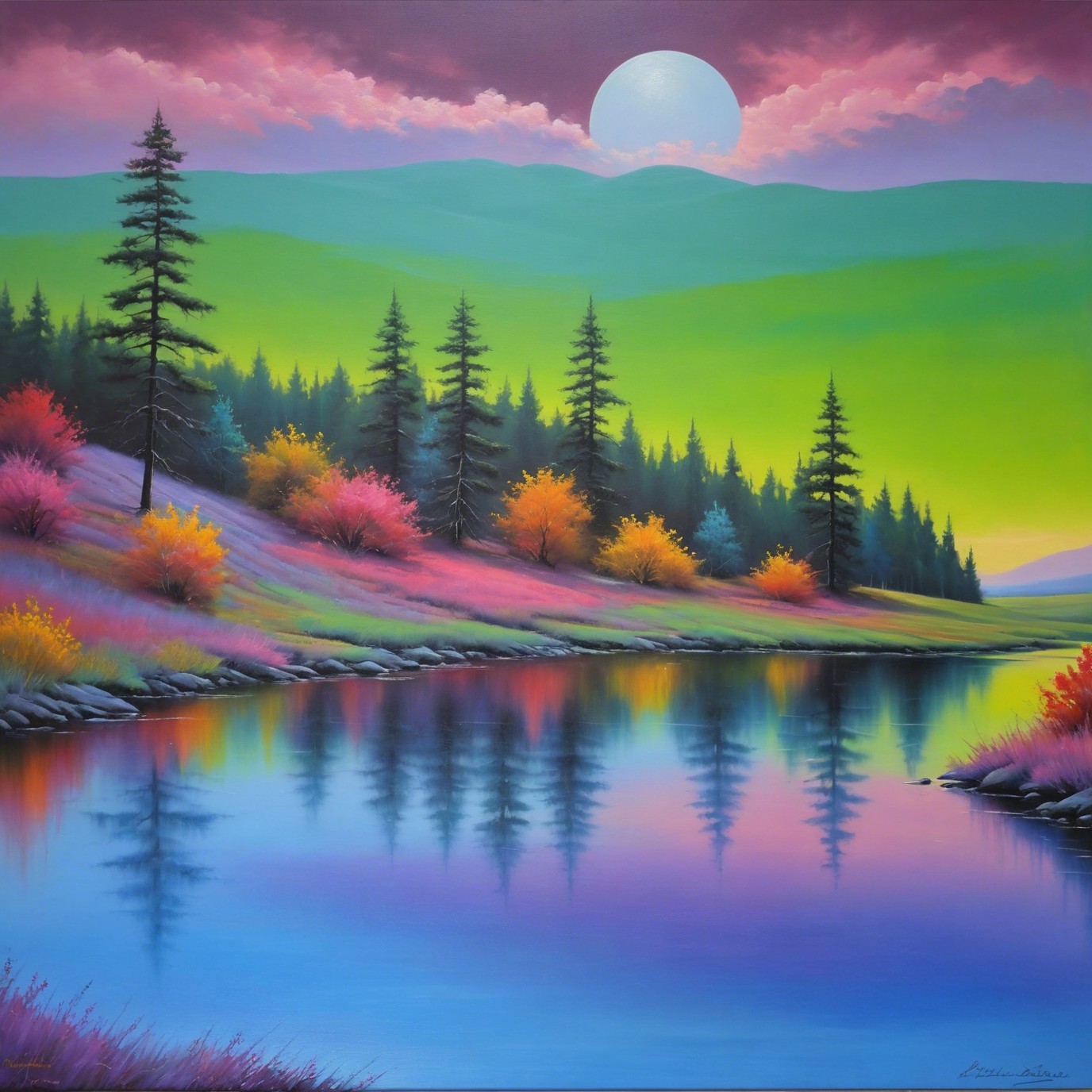 Surreal Landscape with Lake, Forest, and Full Moon