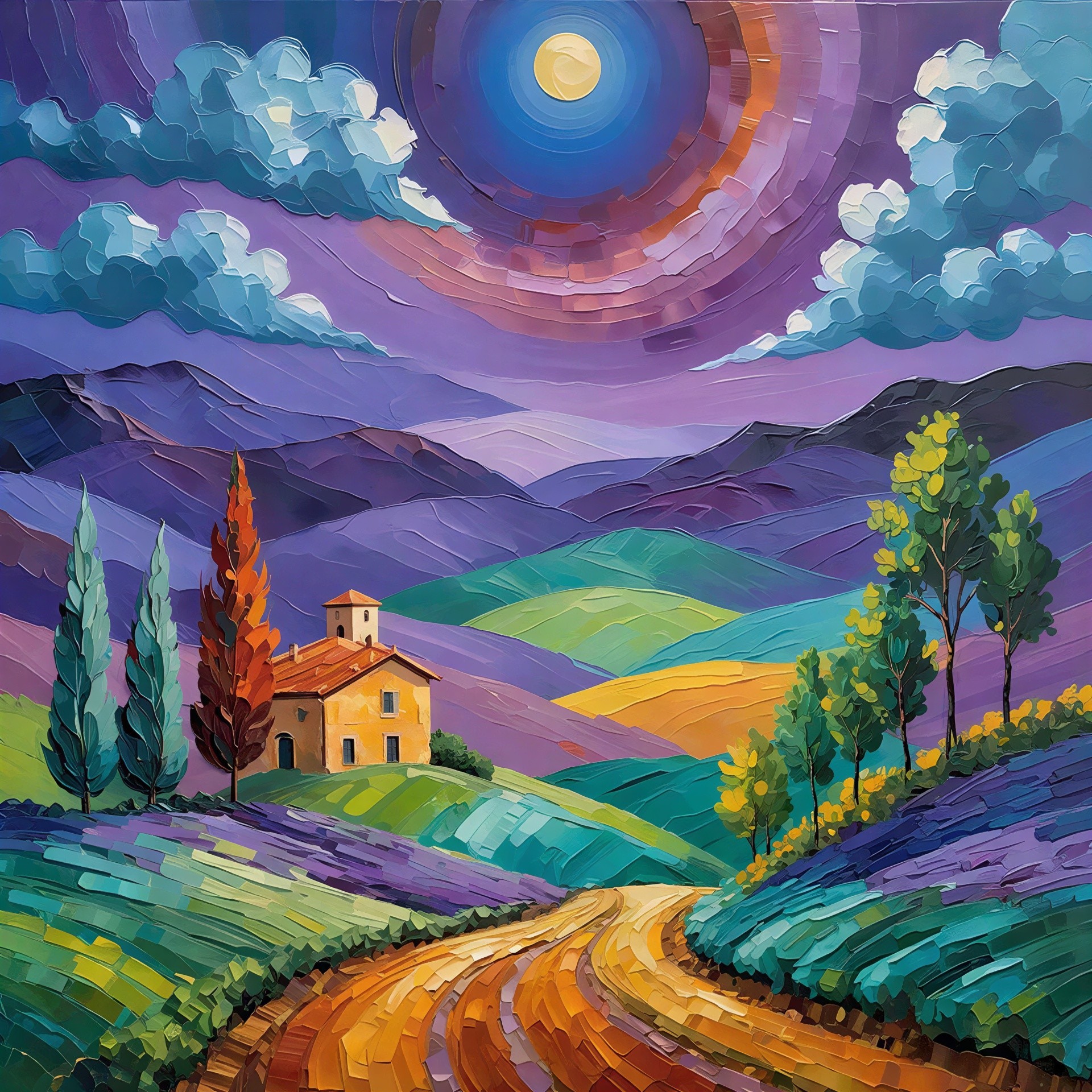Impasto Painting of a Tuscan Landscape at Night