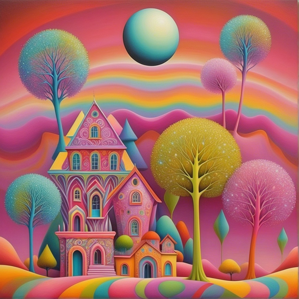 Vibrant Dreamlike Landscape with Whimsical House