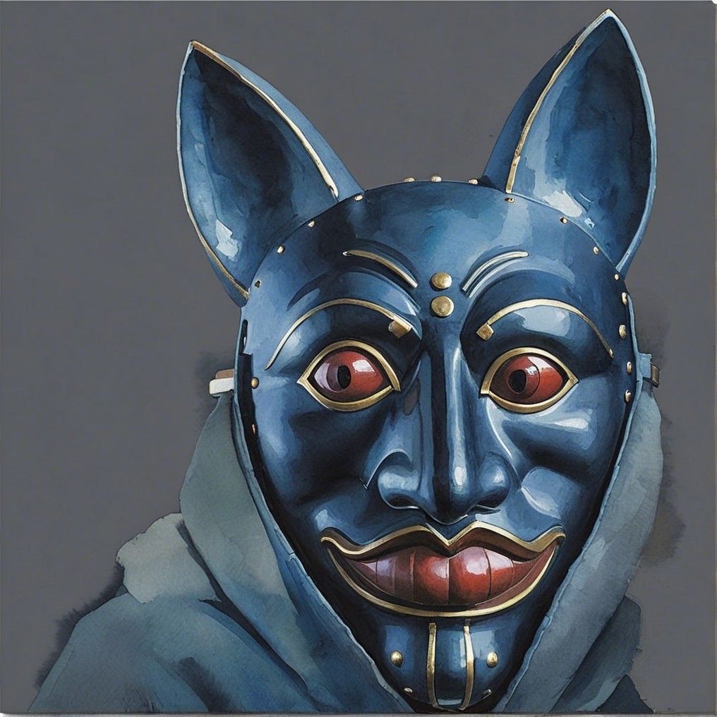 Ceremonial mask with bluish hue and cat-like ears