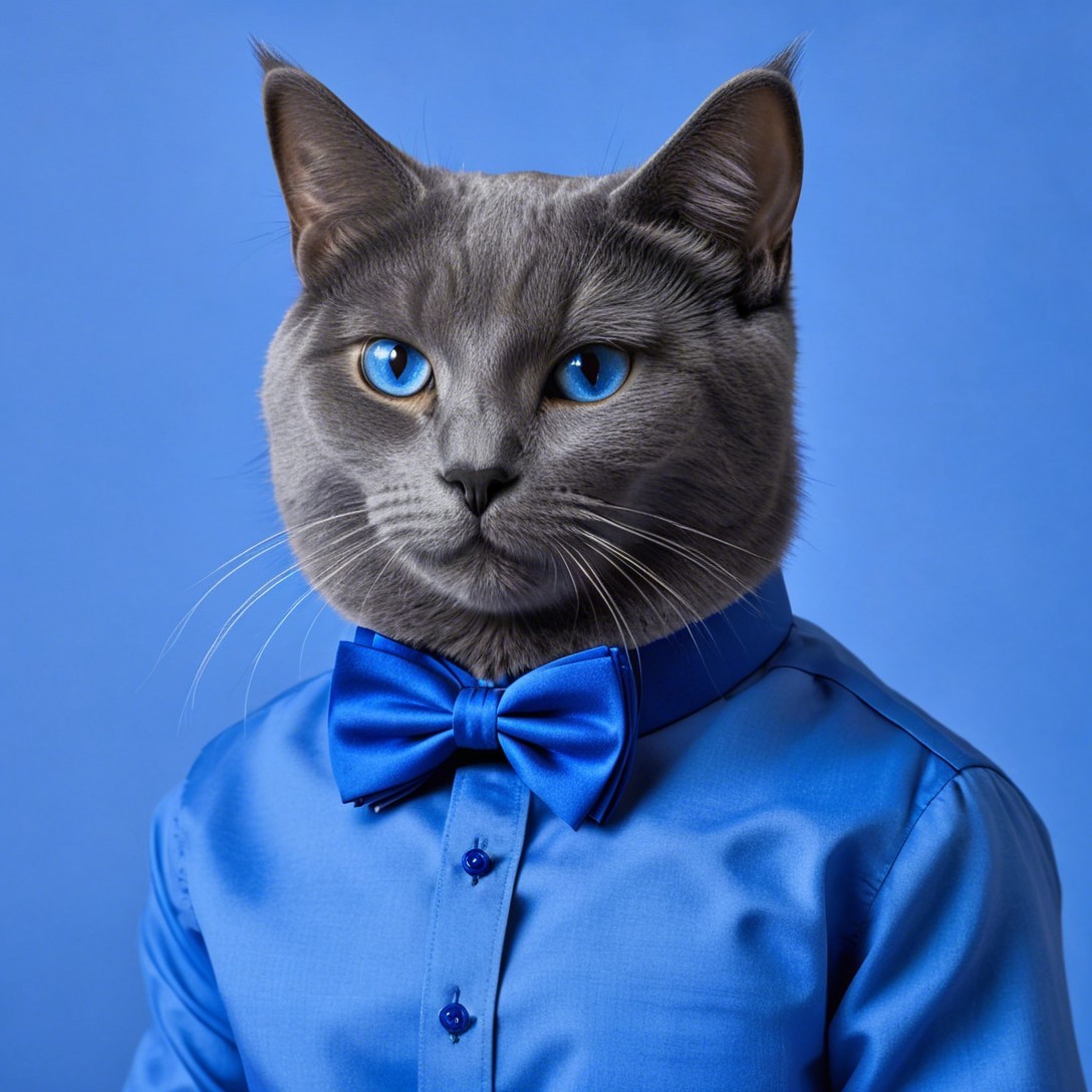 Light Gray Cat in Royal Blue Dress Shirt and Bow Tie